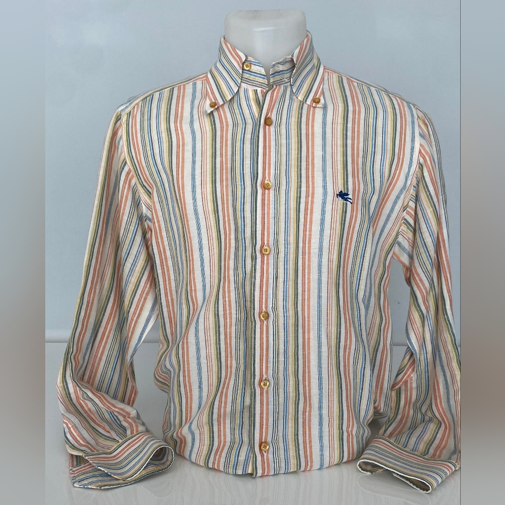 Etro 100% Linen Men's Pastel Striped Button-down  Long Sleeve Shirt Size 39